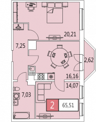 Двухкомнатная квартира 65.5 м²
