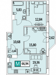 Трёхкомнатная квартира (Евро) 66.9 м²