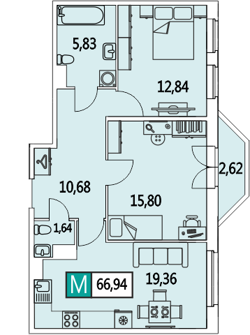 Трёхкомнатная квартира (Евро) 66.9 м²