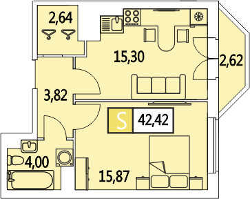 Двухкомнатная квартира (Евро) 42.4 м²