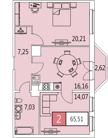 Двухкомнатная квартира 65.5 м²