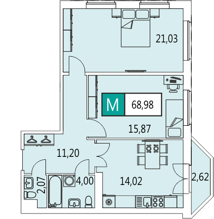 Трёхкомнатная квартира (Евро) 68.9 м²