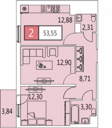 Двухкомнатная квартира 53.6 м²