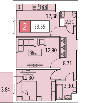 Двухкомнатная квартира 53.6 м²
