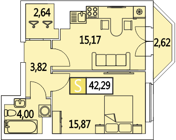 Двухкомнатная квартира (Евро) 42.3 м²