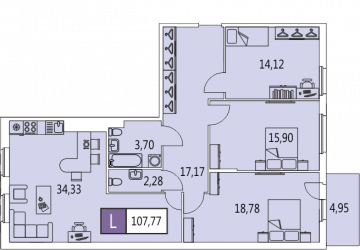 Четырёхкомнатная квартира (Евро) 107.8 м²