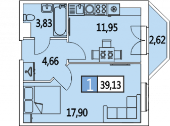 Однокомнатная квартира 39.1 м²