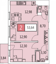 Двухкомнатная квартира 53.64 м²