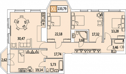 Пятикомнатная квартира (Евро) 133.8 м²