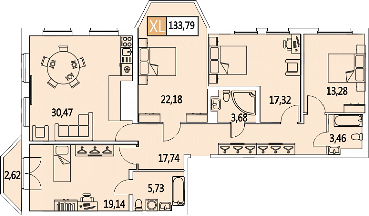Пятикомнатная квартира (Евро) 133.8 м²